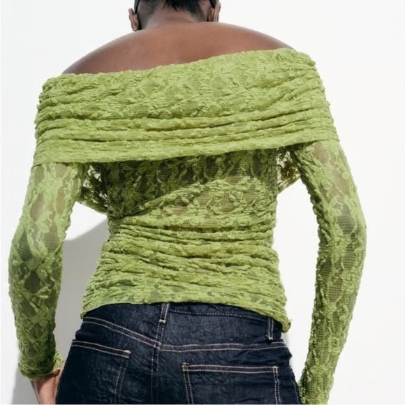 ZARA Off-Shoulder Pistachio Lace Top — Semi Sheer, Ruched, (Sz M, Fits S) - Picture 6 of 10
